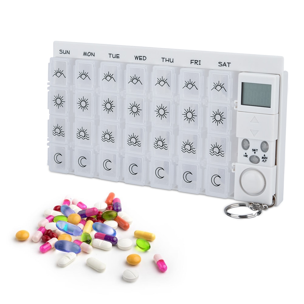 7 Days Pill Box Portable Medicine Case Organizer LED Timer Reminder 28 Grids Weekly Tablets Storage Pill Dispenser Alarm Clock